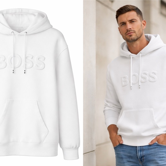 Boss White Pullover Hoodie with Raised Logo - Picture 2 of 3